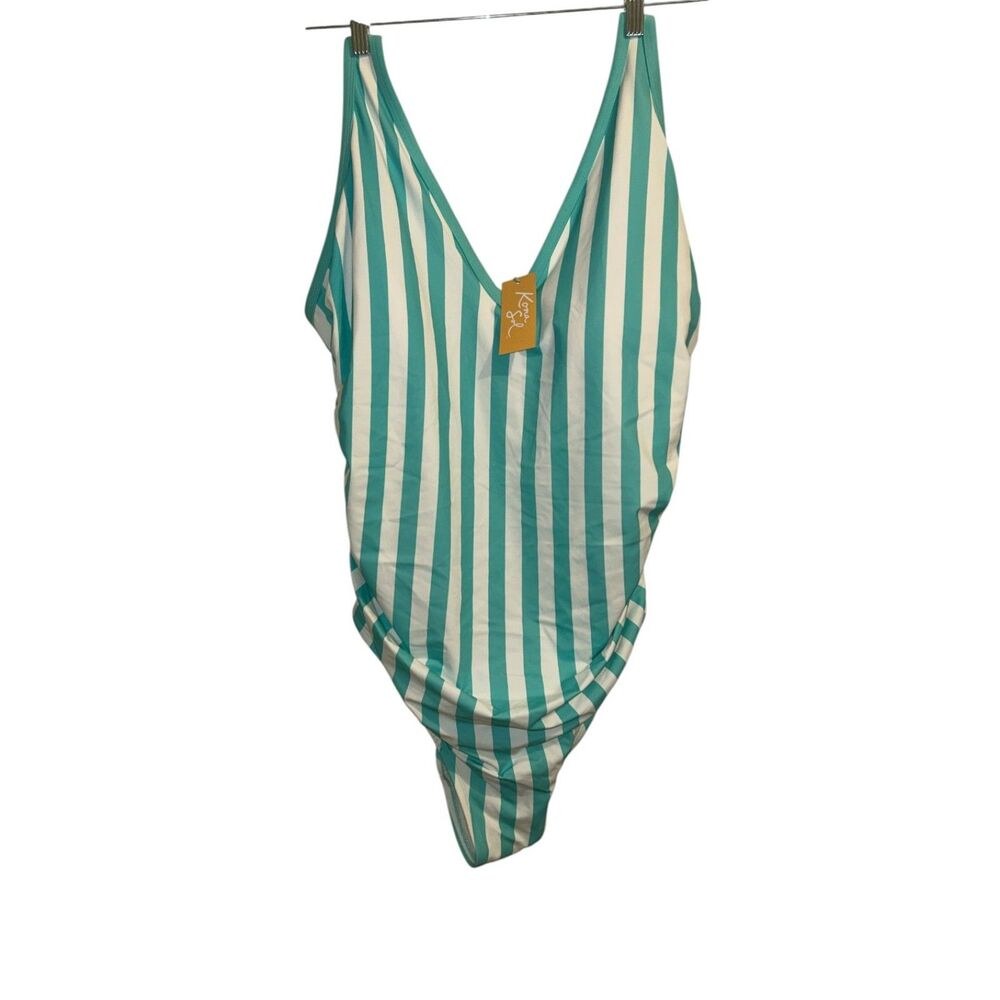 Kona Sol Aqua White Striped One Piece Swimsuit Size 24W NWT